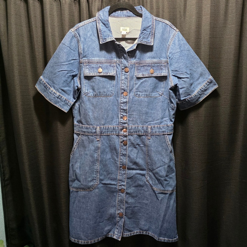 A.N.A Womens Blue‎ Denim Button Front Short Sleeve Shirt Dress L